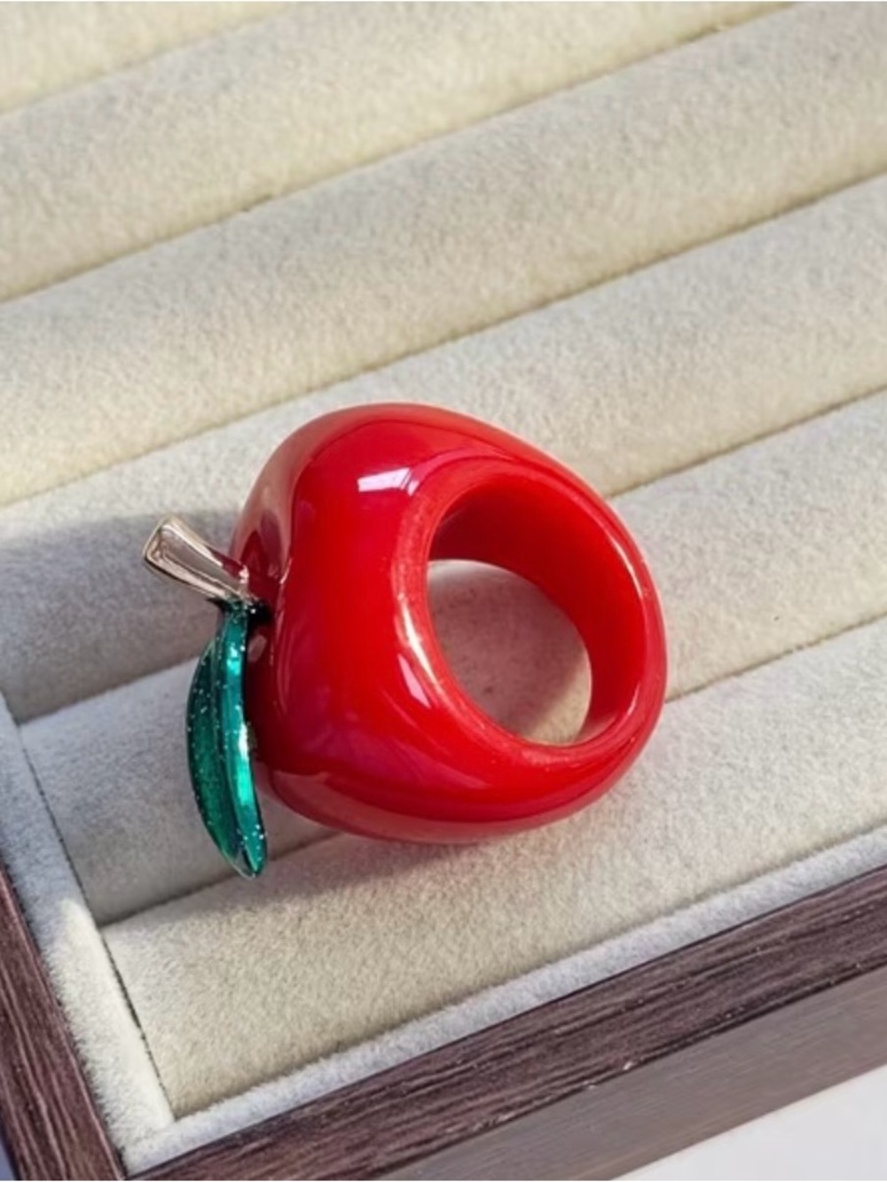 Red Apple Resin Statement Ring with Green Leaf Accent